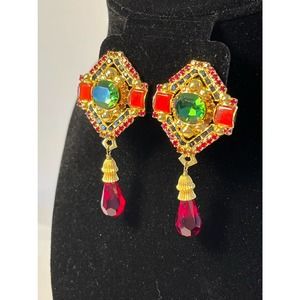 Vintage Signed Sorrelli Green Red Gold Rhinestone Stone ClipOn Earrings